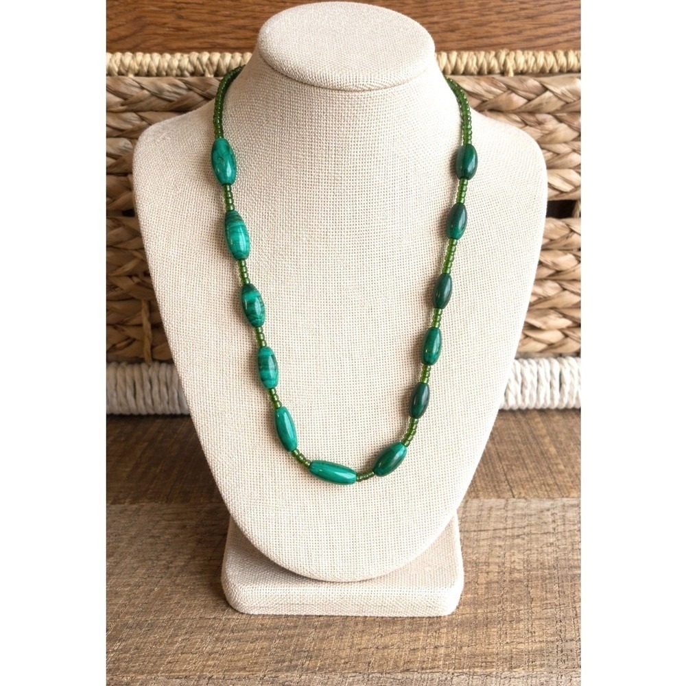 Vintage Artisian Genuine Green Malachite Barrel Clasp 1970s Retro Style